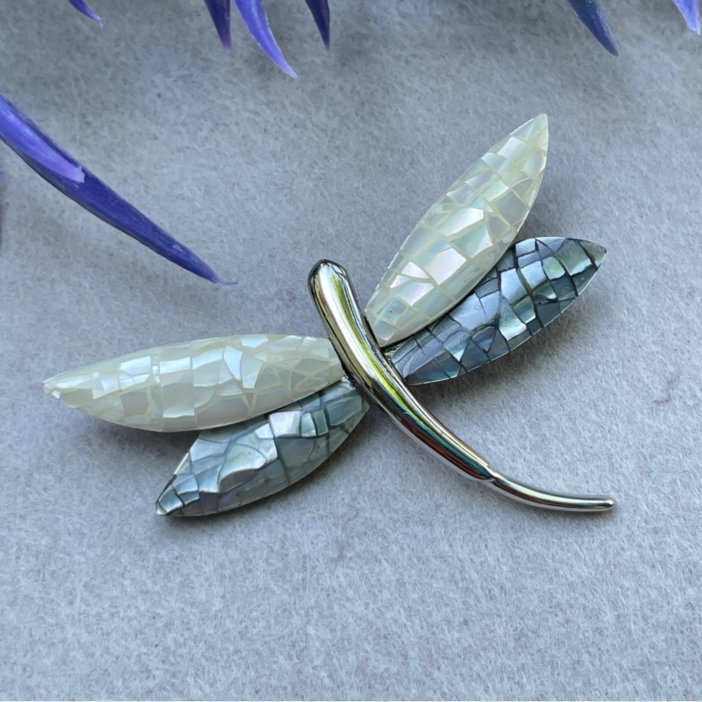 Vintage Mother of Pearl Mosaic Wings Dragonfly Brooch